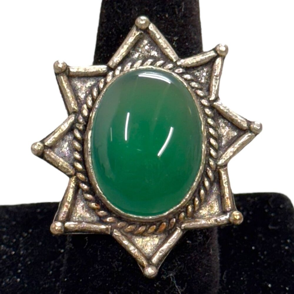 Vintage Silver Starburst MCM Ring Size 9 Green Jade Gemstone Statement Sterling
